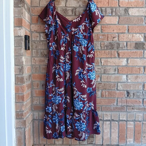 Terra & Sky Women's Plus Flutter Sleeve Midi Tiered Dress Maroon Floral Size 3X - Picture 2 of 15
